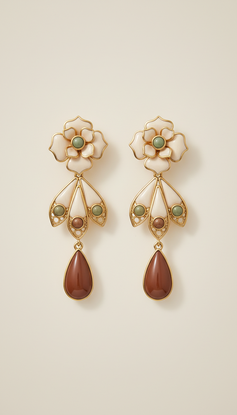 Ivory Silk Enamelled Floral Drop Earrings