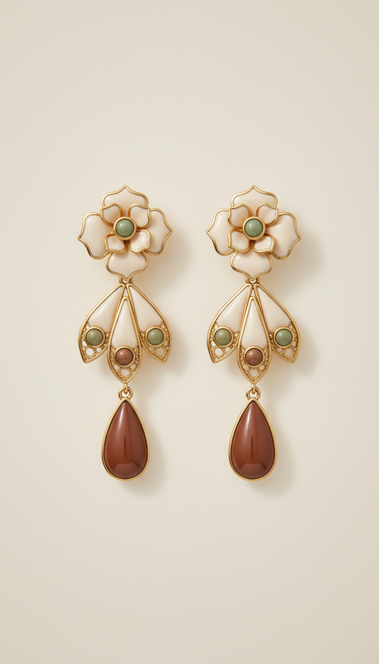 Ivory Silk Enamelled Floral Drop Earrings