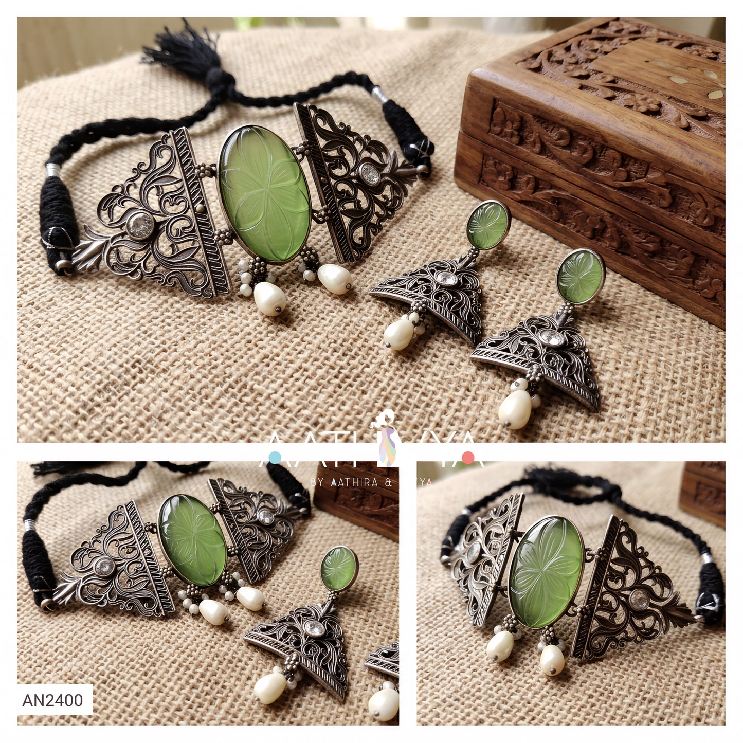 A jewelry set shown in a collage: a silver-toned filigree necklace and matching drop earrings with oval green stone centers and small white bead drops, displayed on burlap fabric with a carved wooden box in the background.
