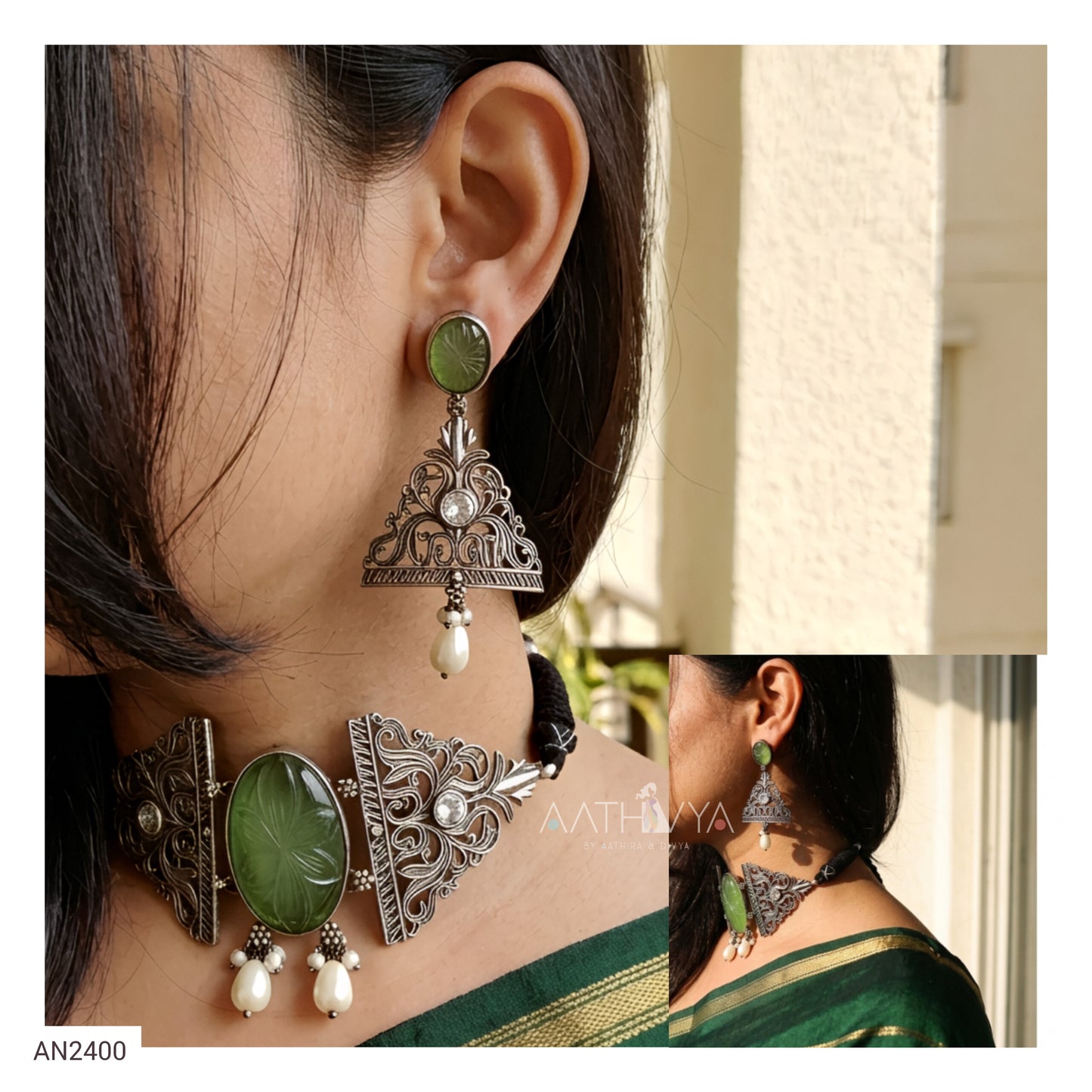 A woman wearing ornate silver-toned jewelry, including a choker necklace and matching drop earrings with green stone and pearl details, shown in a close-up collage view.