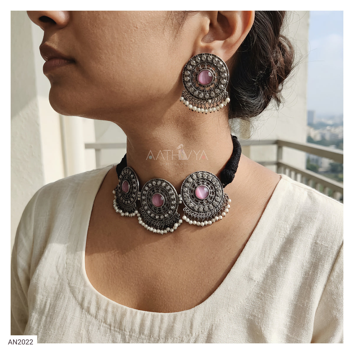 SILVER LOOK ALIKE CHOKER SET - AN2022