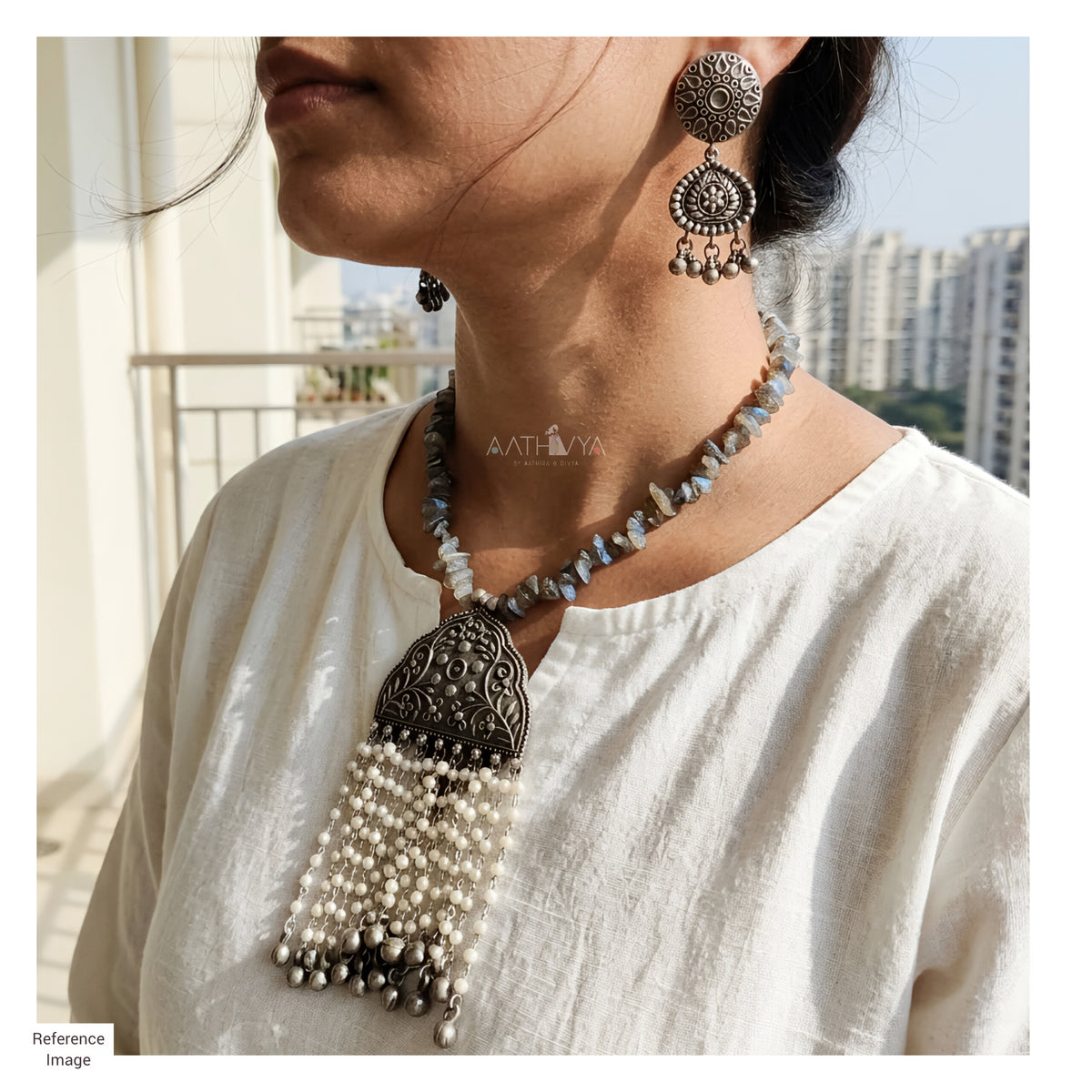 PEARL TASSELED GHUNGROO PENDANT NECKPIECE - AN2174