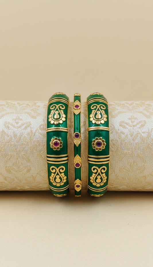 Mehendi Green Enamel Gold Bangle Set
