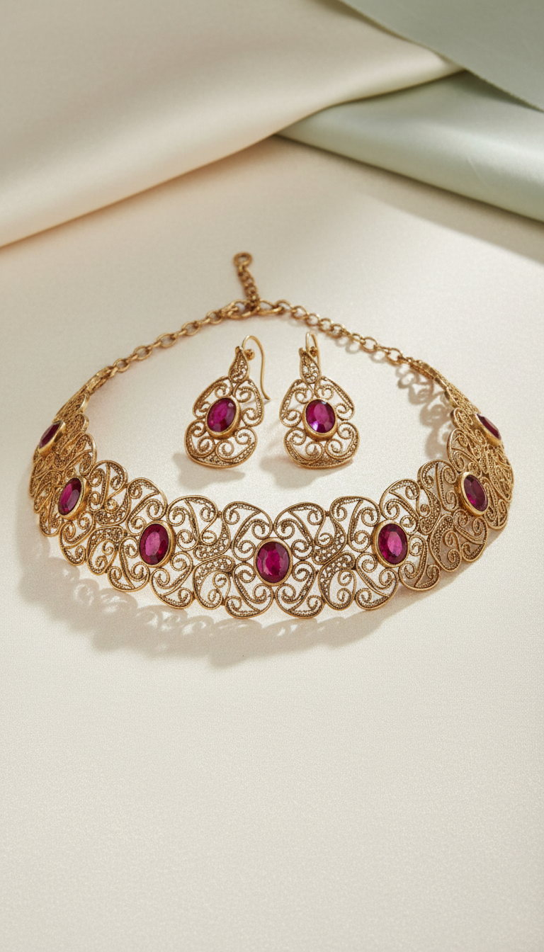 Antique Gold Filigree Choker with Ruby
