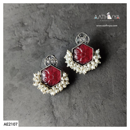 HEXAGONAL CARVED STONE EARRINGS - AE2107